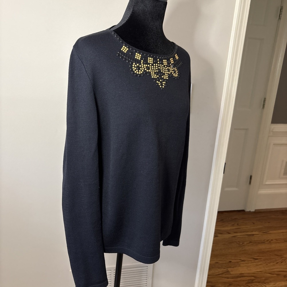 St. John Sport Women's Black‎ Gold Knit Sweater Beaded Wool Blend Medium - Picture 6 of 8